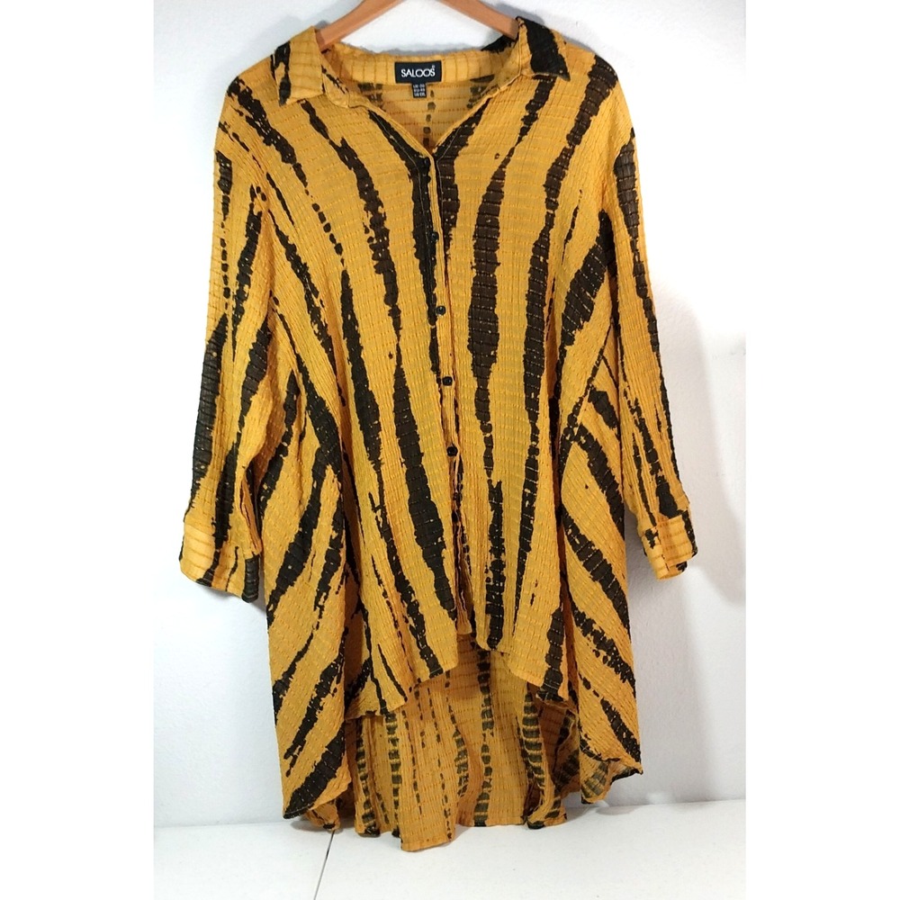 Saloos W Sz 2XL Gold Black Tiger Stripe Button Shirt Tunic Collared Feisty & Fun